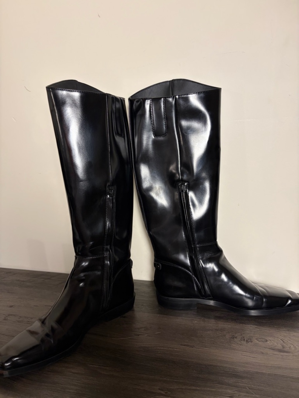 Sam Edelman Cesar Riding Boots Size 7.5 Black Shiny Square Toe Knee High Witchy - Picture 5 of 10